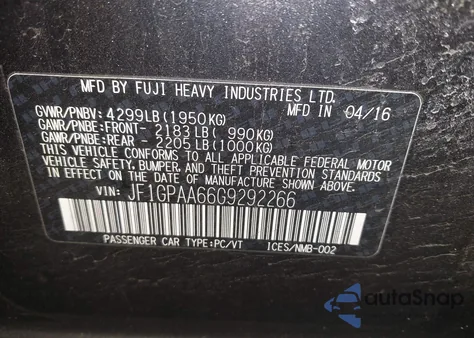 2016 Subaru Impreza 2.0I из США, поврежденный, VIN JF1GPAA66G9292266